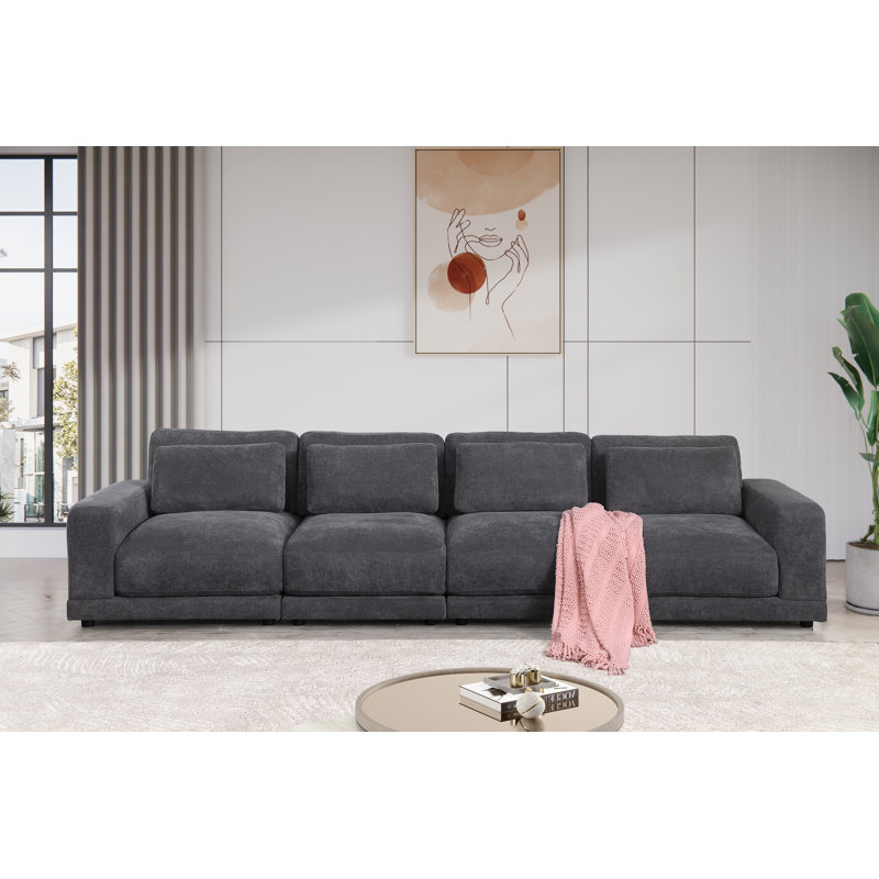 135 " Velvet and Linen Blend Sofa, Dark Gray