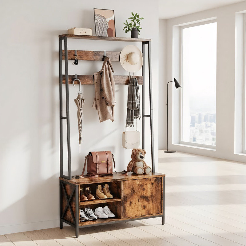 Arbre d'entrée compact 4 en 1 avec banc - Rangement minimaliste pour les entrées et les petits espaces, Brun