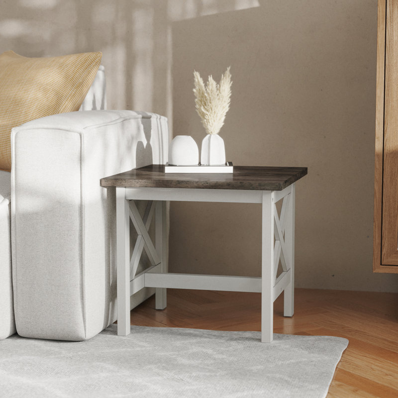 Table de bout en bois massif de style campagnard Cudahy, gris, Blanc