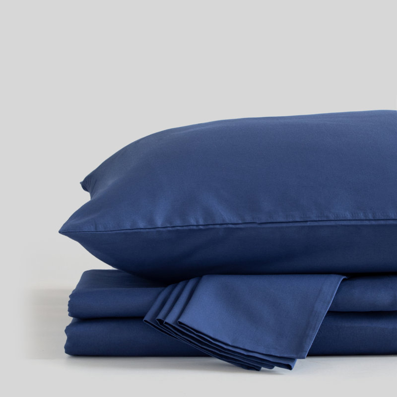 Percale 300 Thread Count Organic 100% Cotton Percale Sheet Set, Twin Sheet Set + Fitted Sheet + 1 Pillowcase, Dark Blue