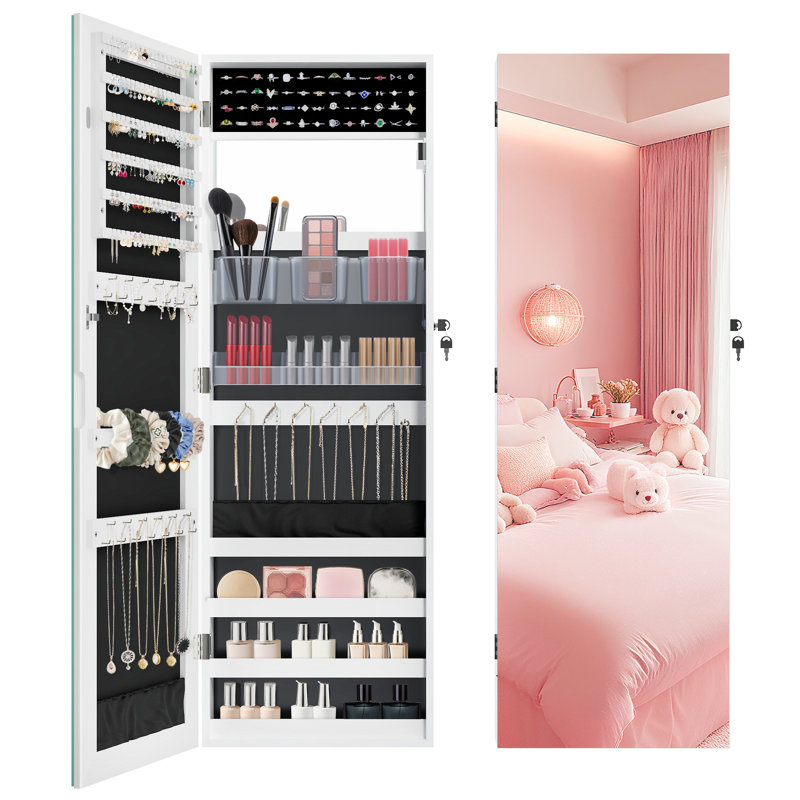  Armoire à bijoux pleine grandeur à miroir, fixée au mur ou à la porte, blanche