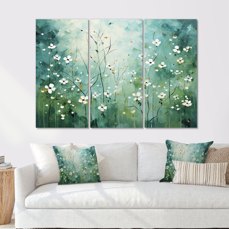 Ensemble de salon blanc et vert Herbal Symphony I - Floral Herbs Wall Art, Toile tendue, H 40 po x l 60 po x P 1 po