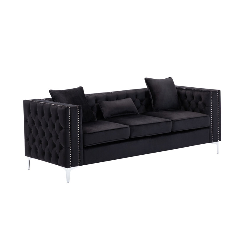 Lorreto 86"W Black Velvet Sofa
