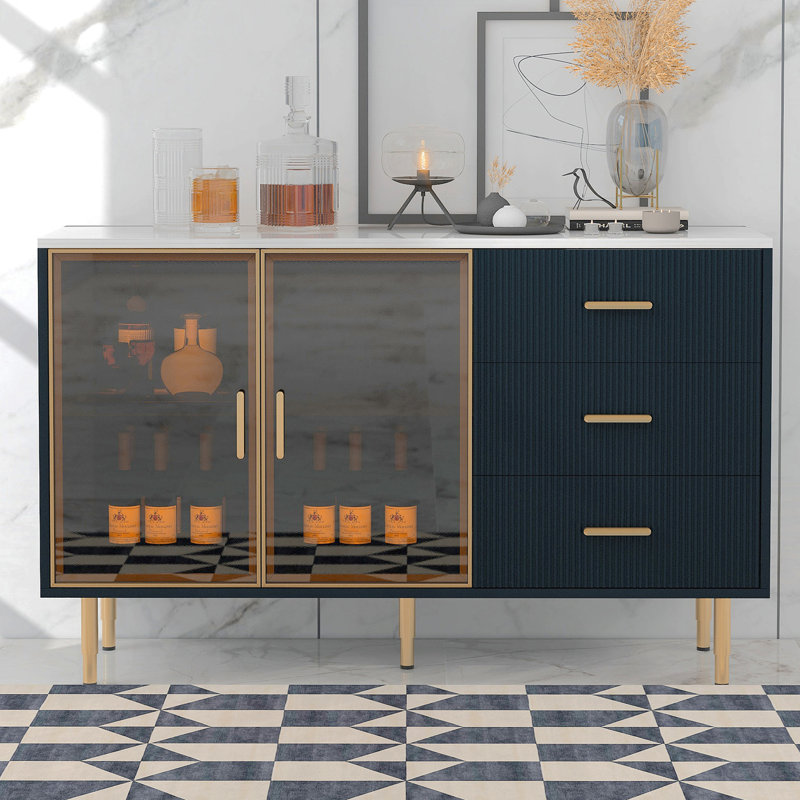 Modern Sideboard Buffet Cabinet Marble Sticker Tabletop And Amber-Yellow Tempered Glass Doors With Gold Metal Legs & Handles