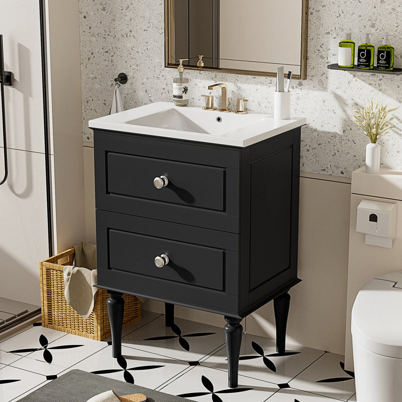 Ensemble de meuble-lavabo avec lavabo en céramique, meuble de rangement moderne avec 2 tiroirs