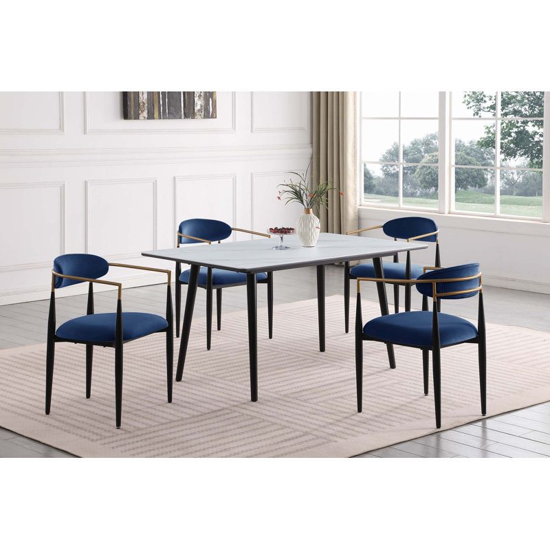 5Pc Dining Set Sintered Stone Table, Navy, White