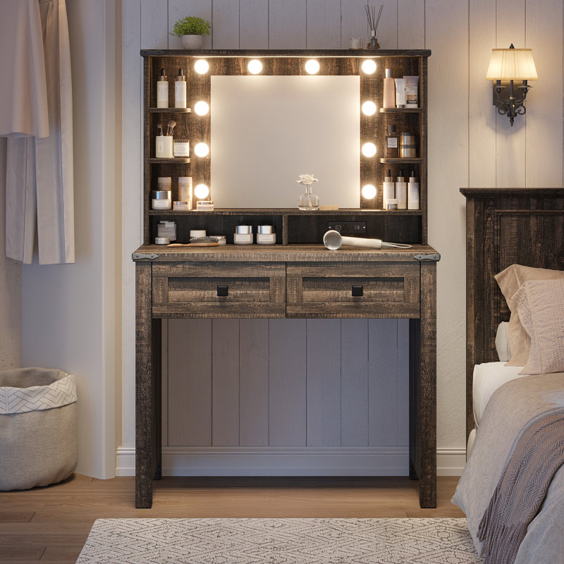 Vanity Desk With Mirror And Lights 31.5" W Farmhouse Makeup Vanity Desk With Charging Station And 2 Drawers & Shelves 3 Color Modes Adjustable, Stool Not Included