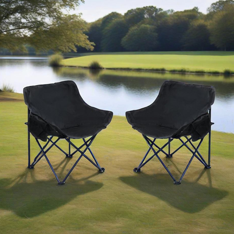 2Pcs Portable Black Foldable Camping Chairs With Carry Bag, Comfortable Seating Area, Side Pocket For Snacks, Robust Frame 264 Pounds,  Beaches And Hiking Folding Outdoor Experience, Good