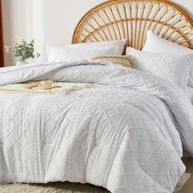 Ensemble d'édredon et de draps 7 pièces Boho Diamond Stripe, doux, léger, respirant et hypoallergénique, Blanc
