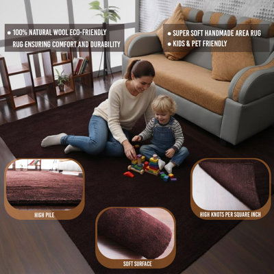 Manns Hand Knotted Loom Wool Eco-Friendly Area Rugs  -  Rectangle, Brown Color, Plain Solid Design, High Pile Thick Handmade Anti Skid Area Rugs for Living Room, Bed Room