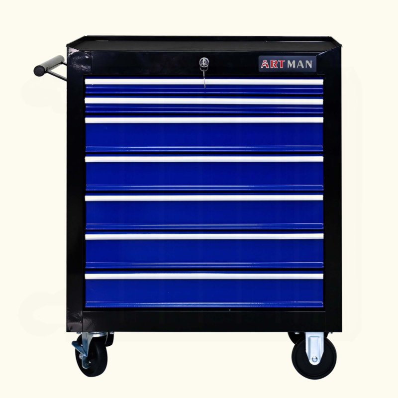 Chariot à outils multifonctionnel à 7 tiroirs avec roues, capacité de charge élevée et mobilité, Noir / Bleu