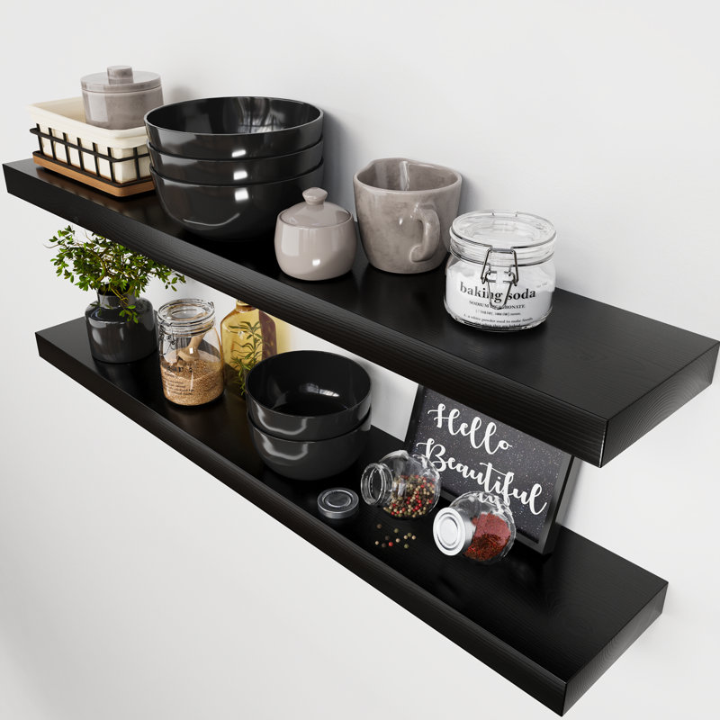 Tablettes flottantes en bois massif, tablettes en bois pour le rangement mural, Noir, 1.5" H x 36" W x 6.7" D
