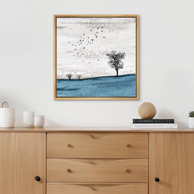Oiseaux qui volent sur un champ bleu avec des arbres, WildLife, art moderne, paysage rustique, détente / calme