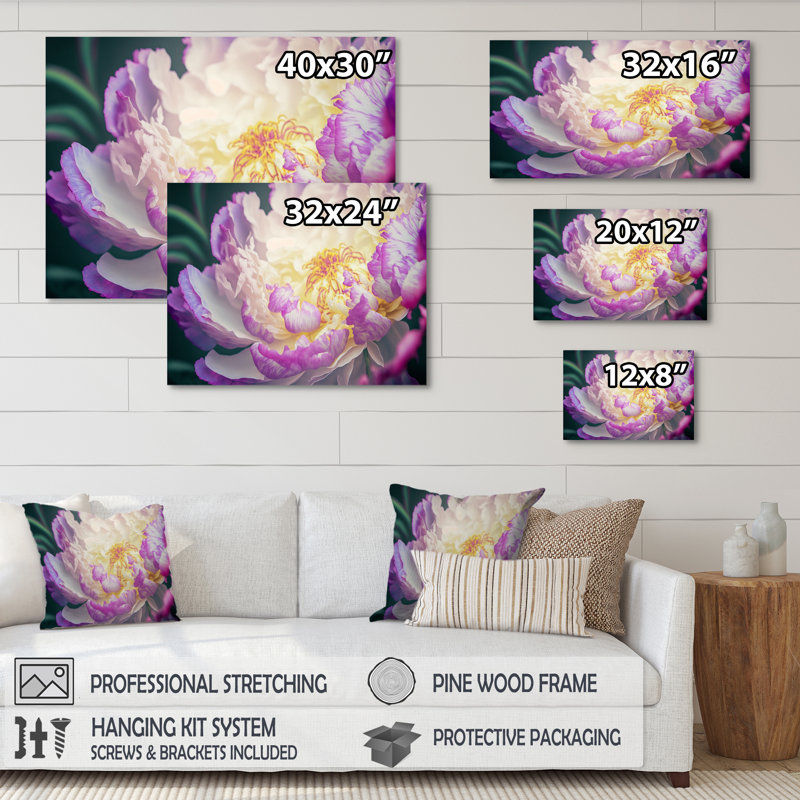 Pivoine rose et blanche au printemps I - reproduction sur toile, L 32 po x H 24 po, Toile tendue