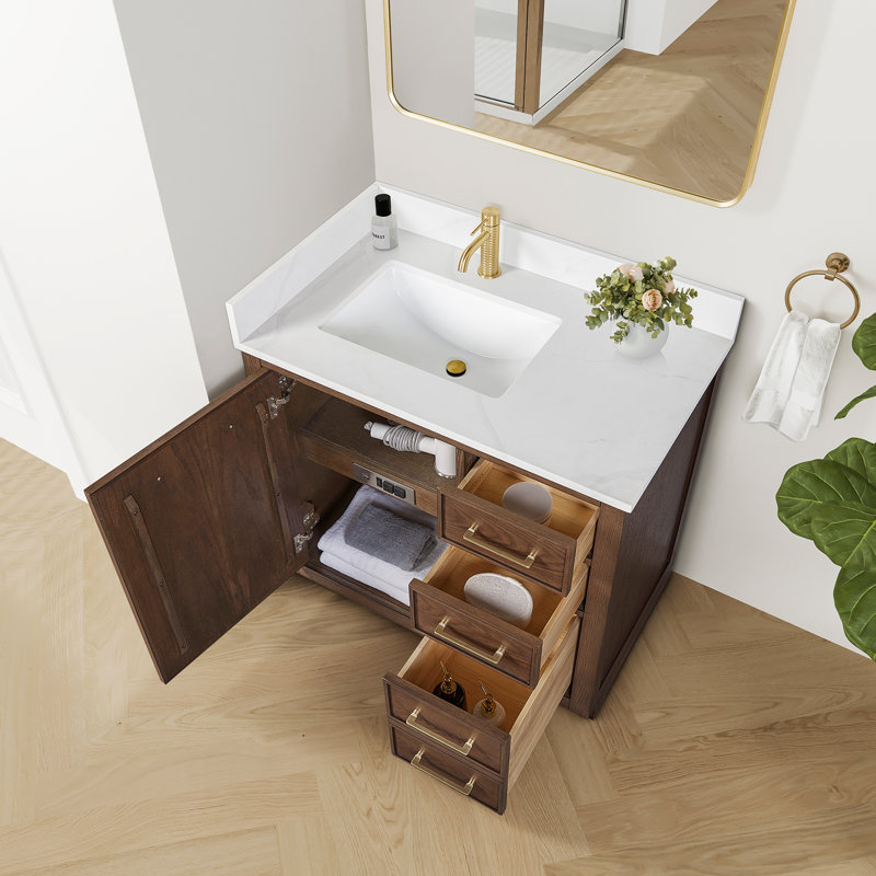 Jakarta 36" Single Bath Vanity with Silk White Quartz Stone Top, Aged Dark Brown Oak, Brushed Gold