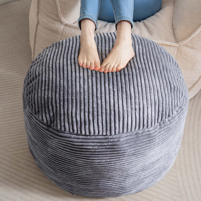 Round Corduroy Pouf Ottoman, Gray Corduroy, 20"
