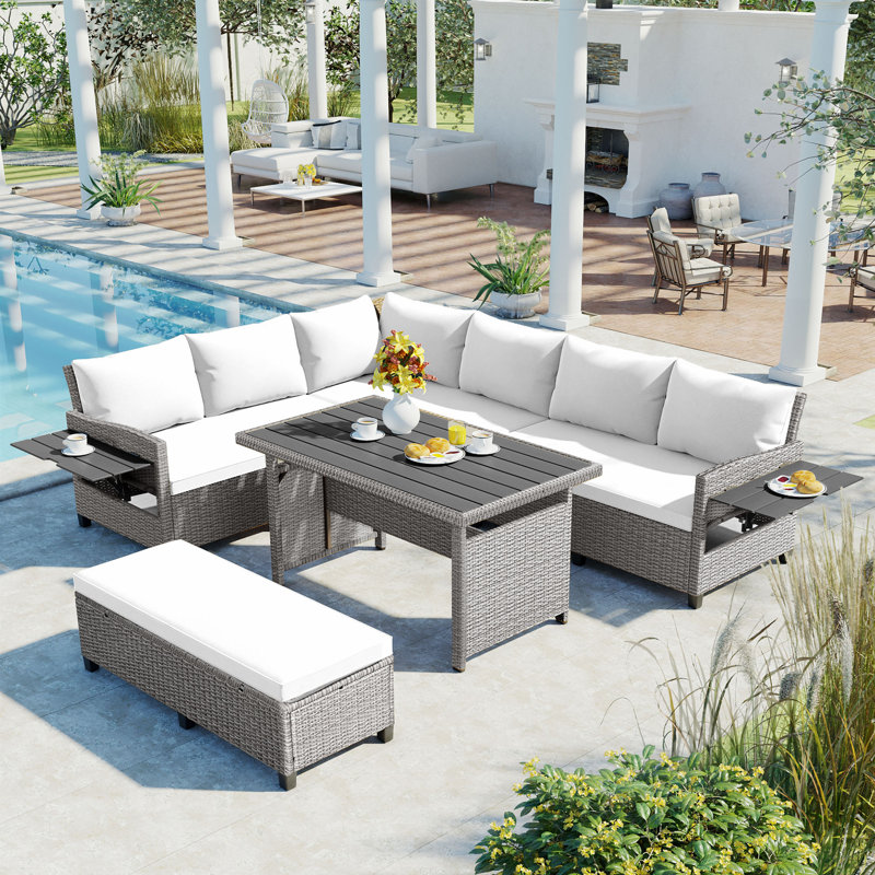 5-Piece PE Wicker L-Shaped Garden Furniture Set with 2 Extendable Side Tables