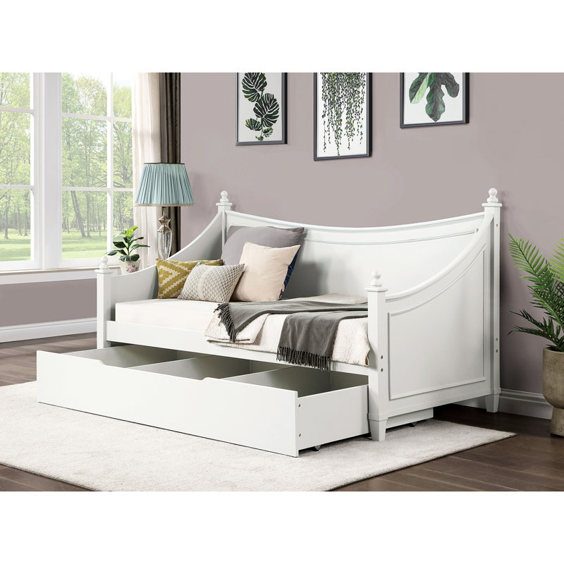 Lit de jour simple blanc de style transitionnel, détails de moulures, conception d'affiche avec fleurons, structure en bois massif, installation pour matelas pour dormir dans de petites pièces et bois d'ingénierie,