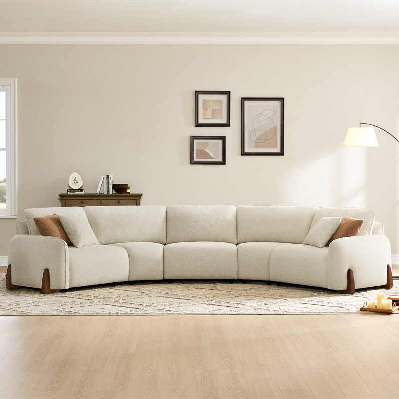  Upholstered Modern Modular Curved Corner Sectional Sofa With Solid Wood Legs, Sand Polyester, 34.6" H x 167.3" W x 107.9" D