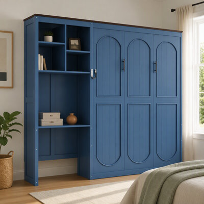 Grand lit escamotable avec bureau intégré et armoire de rangement multicouche