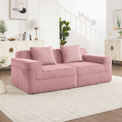 Modular 2 Seat Loveseat Boneless Sofa, Cloud Sectional Couch With Deep Seat, Modern Modular 2-Seat Sofa Couch With Throw Pillows Corduroy Fabric Pink