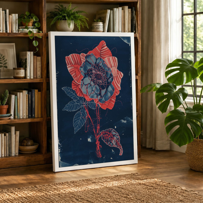 Linocut Bloom Botanical - Wrapped Canvas, 30x20 - 76.2 x 50.8 cm, Terracotta Border