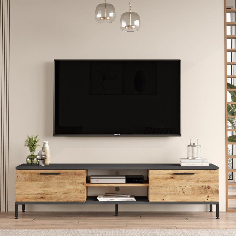 Meuble télé Roshaad avec panneau de particules recouvert de mélamine à 100%, pin atlantique et anthracite, 63,0 po x 15,4 po x 15,7 po | Épaisseur: 0,7 pouce | Design industriel élégant, parfait pour le salon et les espaces de divertissement, finition durable et élégante