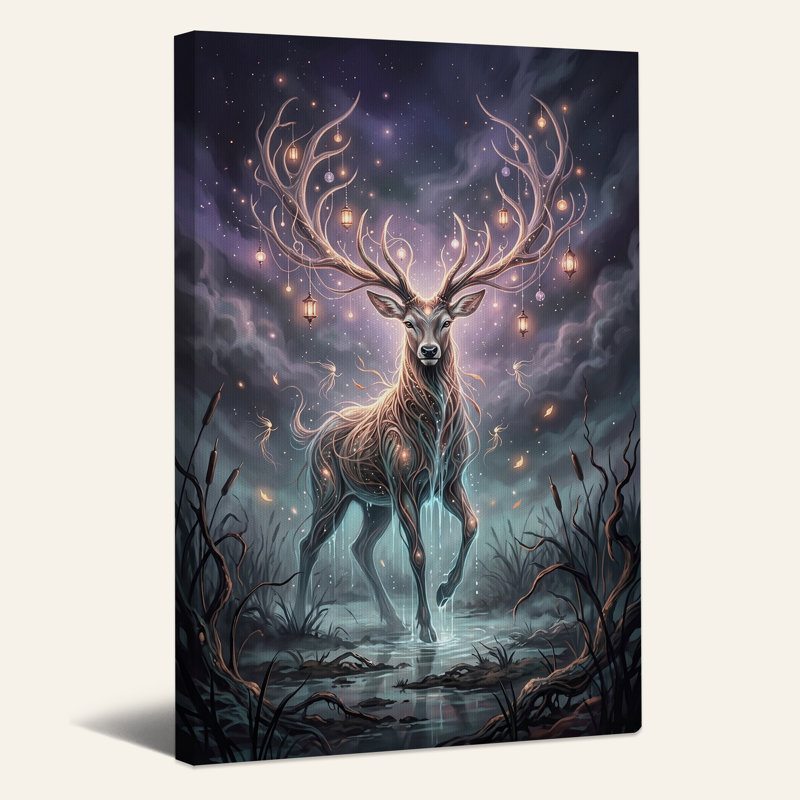 Tableau sur toile représentant un cerf lumineux aux bois de lanterne, H 24 po x l 16 po