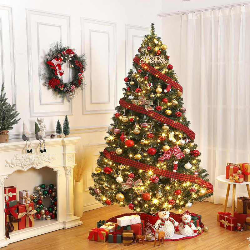 Arbre de Noël artificiel épinette 7,5 pi avec 1450 branches - pré-éclairé, facile à assembler, charnières en métal et base pliable pour la maison, le bureau et la fête