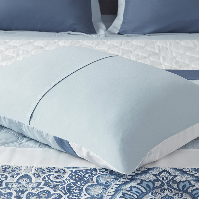 Édredon 8 pièces, courtepointe bleue, 2 taies décoratives européennes, 1 coussin, pièce de fer à vapeur carrée, imprimé, rembourrage, coussins décoratifs, froissé