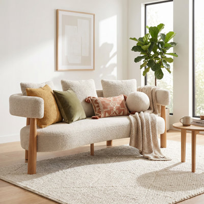 Canapé incurvé moderne de 76,5 po à 3 places, dossier en forme d'arc, pieds fuselés en bois et en métal, mousse à haute densité et coussins à ressorts, tissu durable résistant aux pilules
