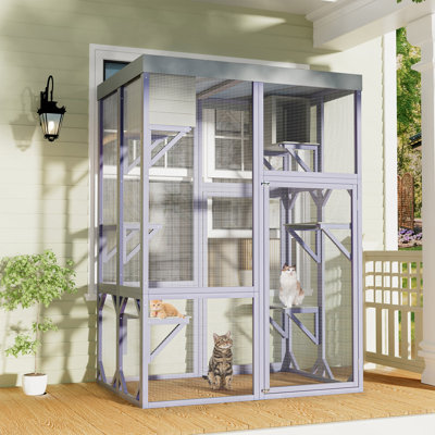 Enceinte d'extérieur multifonctionnelle en bois pour chat, 4 plateformes et 2 maisons pour faire la sieste, 2 serrures robustes, conception de coin arrondi, cage intérieure spacieuse pour les chats