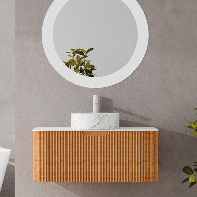 Echoe 36" Wall Mounted Natural Wood Curved Edges Striped Bathroom Vanity With Stone Pattern Cermic Basin