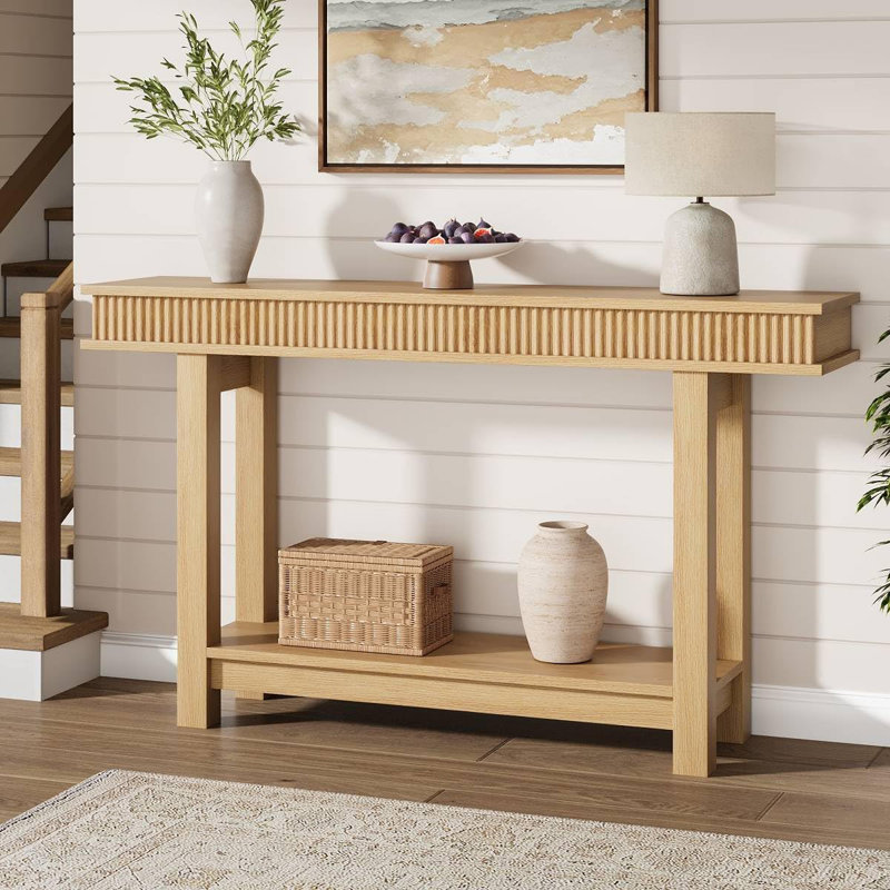 Farmhouse Fluted 2-Tier Console Table with Shelf, Narrow Wooden Entryway or Sofa Table for Hallway, Living Room, or Foyer
