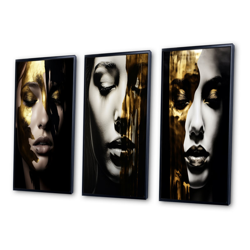 «Glam Sensuality Woman Portrait Black Gold III», 3 pièces sur toile, Cadre noir, H 40 po x l 60 po
