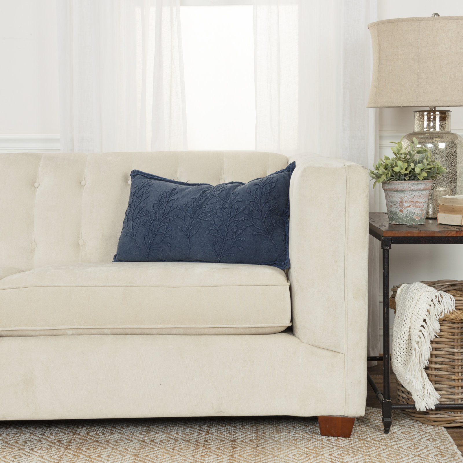 Hollin 26" x 14" Embroidered Throw Pillow, Navy