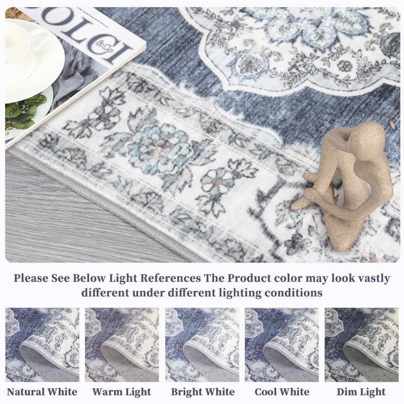 Washable Floral Rug Non-Slip Modern Farmhouse Living Room Carpet, Non-Shedding Low Pile Floor Mats, Foldable Print Accent Indoor Rug for Bedroom, Playroom, Nursery