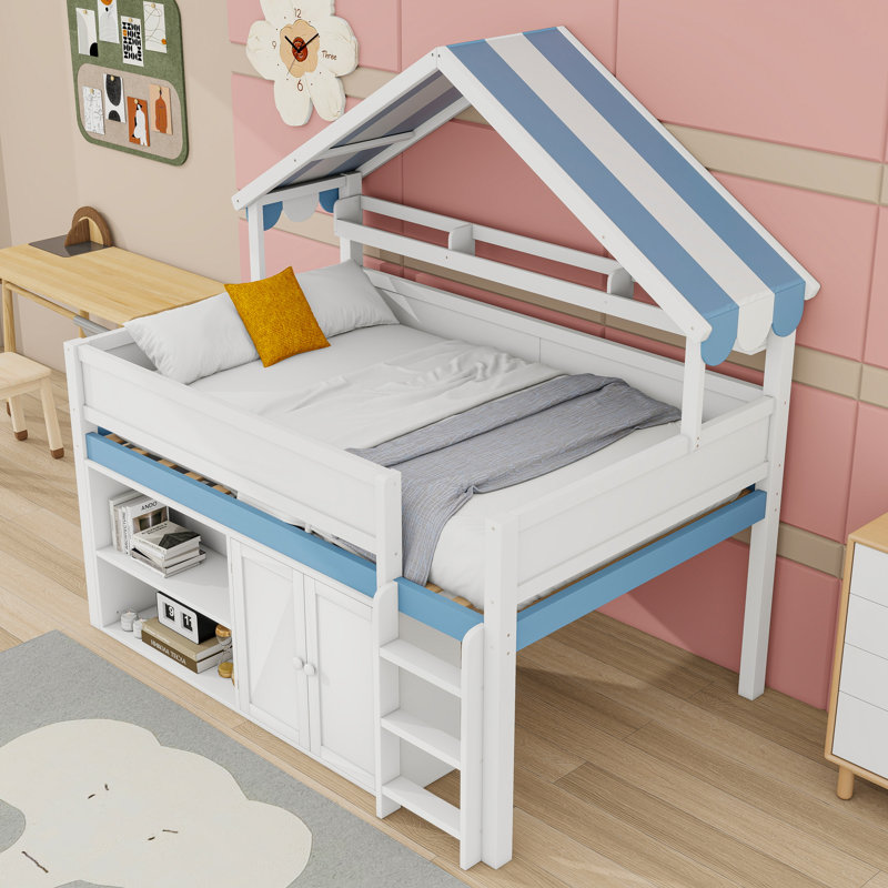 Lit mezzanine double avec toit, armoire, tablettes et garde-corps, Bleu