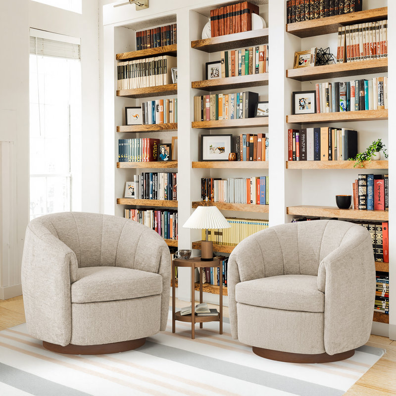Swivel Barrel Chair with Solid Wood Base (Set of 2 ), Light Camel Chenille