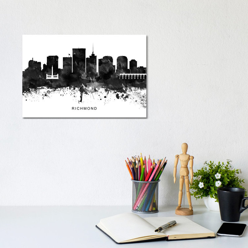 Richmond Skyline Black & White by WallDecorAddict - Wrapped Canvas Print, 20.32cm H x 30.48cm W x 1.91cm D