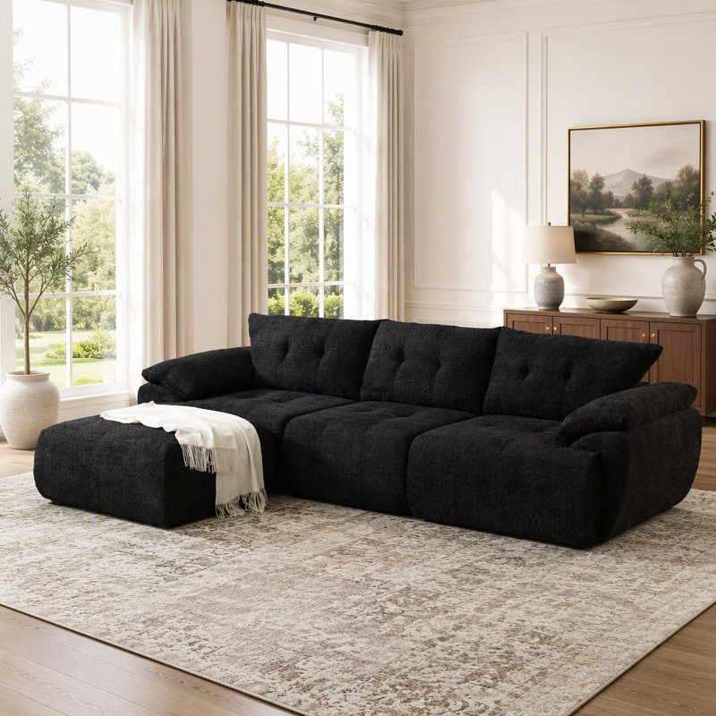 Canapé moderne en nuage en chenille à trois places avec dossier ergonomique en corne et coussins en mousse haute densité