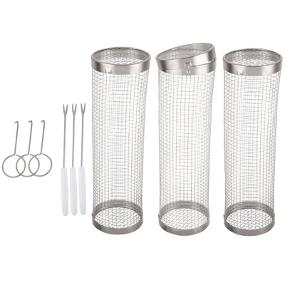Grill Baskets for Outdoor Grill - Three Rolling Grill Baskets for Veggies, Shrimp, and Chicken - Stainless Steel BBQ Accessories by Home-Complete