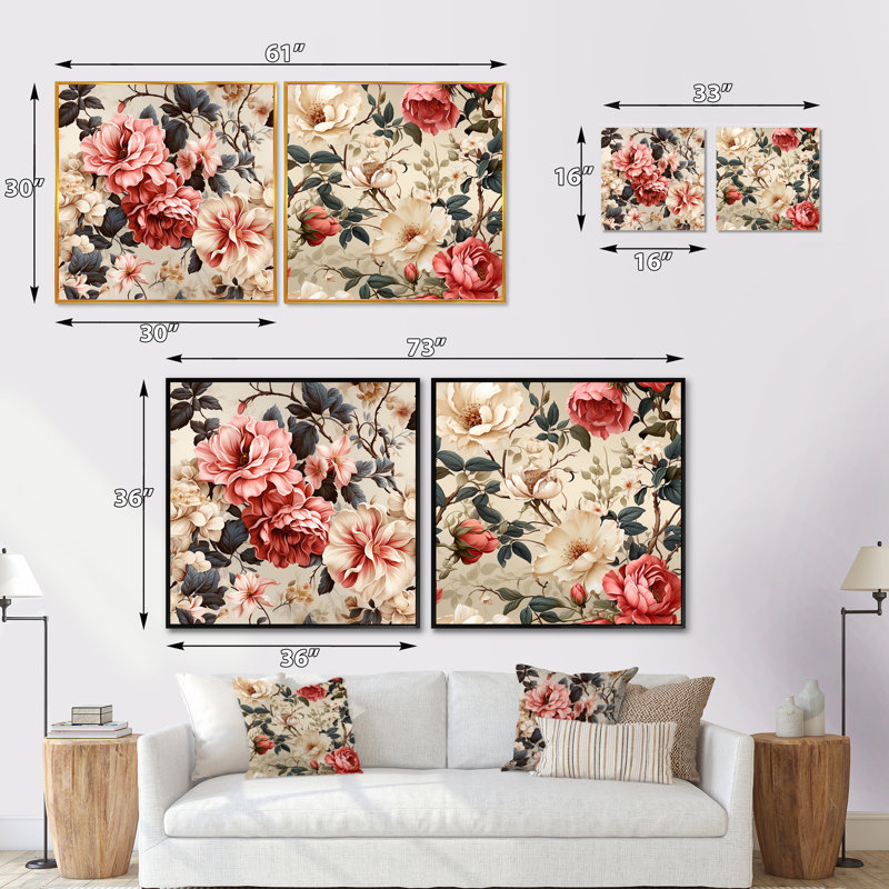 Zella - Ensemble de 2 collages floraux carrés, H 30 po x l 61 po, Toile tendue