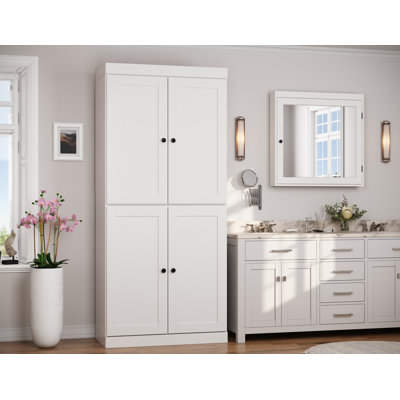 Armoire de rangement 100% bois massif 32 po avec portes Shaker, 2 tiroirs et tablettes réglables