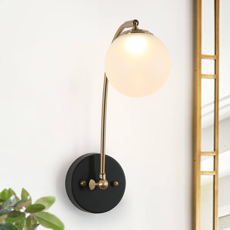 1-Light Black & Gold Armed Wall Sconces Globe Frosted Glass Shade for Damp Indoor