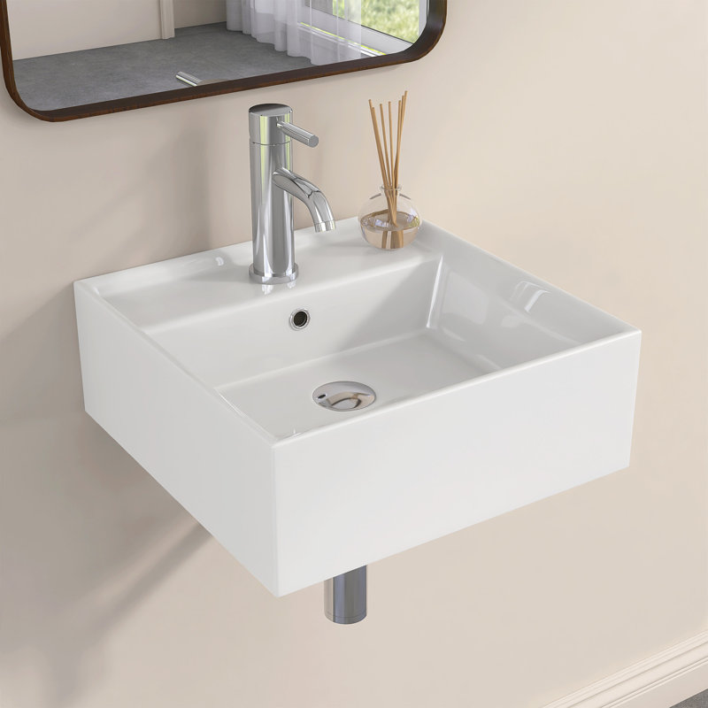 15.75 In. X 15.75 In. Rectangular Ceramic Wall Mount Small Vessel Sink With Center Faucet Hole In White