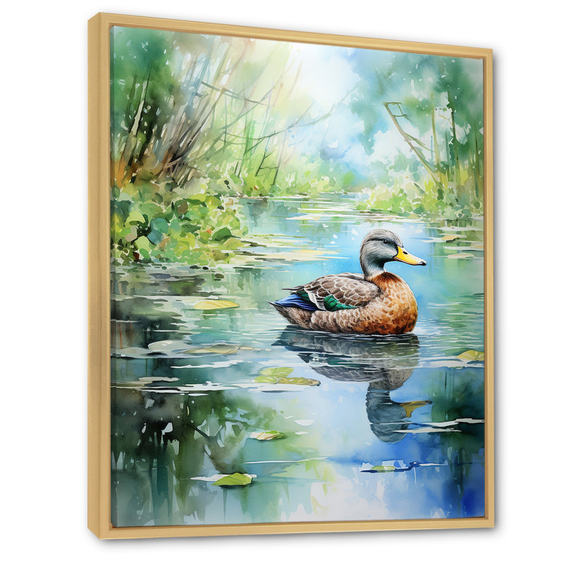 Duck Pond Reflections III - Art mural animal de canard, Cadre flottant brun, H 32 po x l 16 po x P 1 po