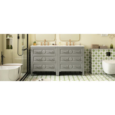 Meuble-lavabo de 60 po avec lavabo en céramique et trois tiroirs pour cadre de style classique, poignées en métal