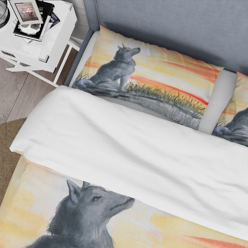 Loup gris hurlant à la lune - Ensemble de housse de couette traditionnel - Microfibre de polyester