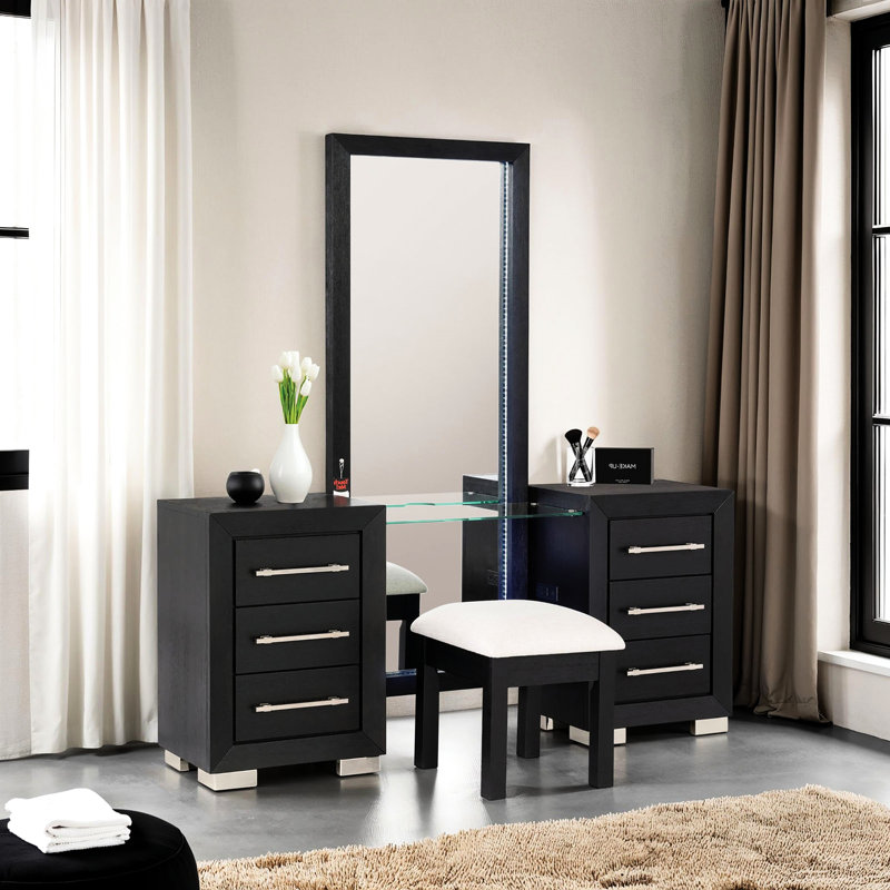 Contemporary Bedroom Vanity With Stool, Black Finish, Pine/, Bearing Glides, Power Outlet, 8Mm Glass Top And Stool , Design, 5+ Drawers, Engineered Wood, Touch - Control Led Mirror,
